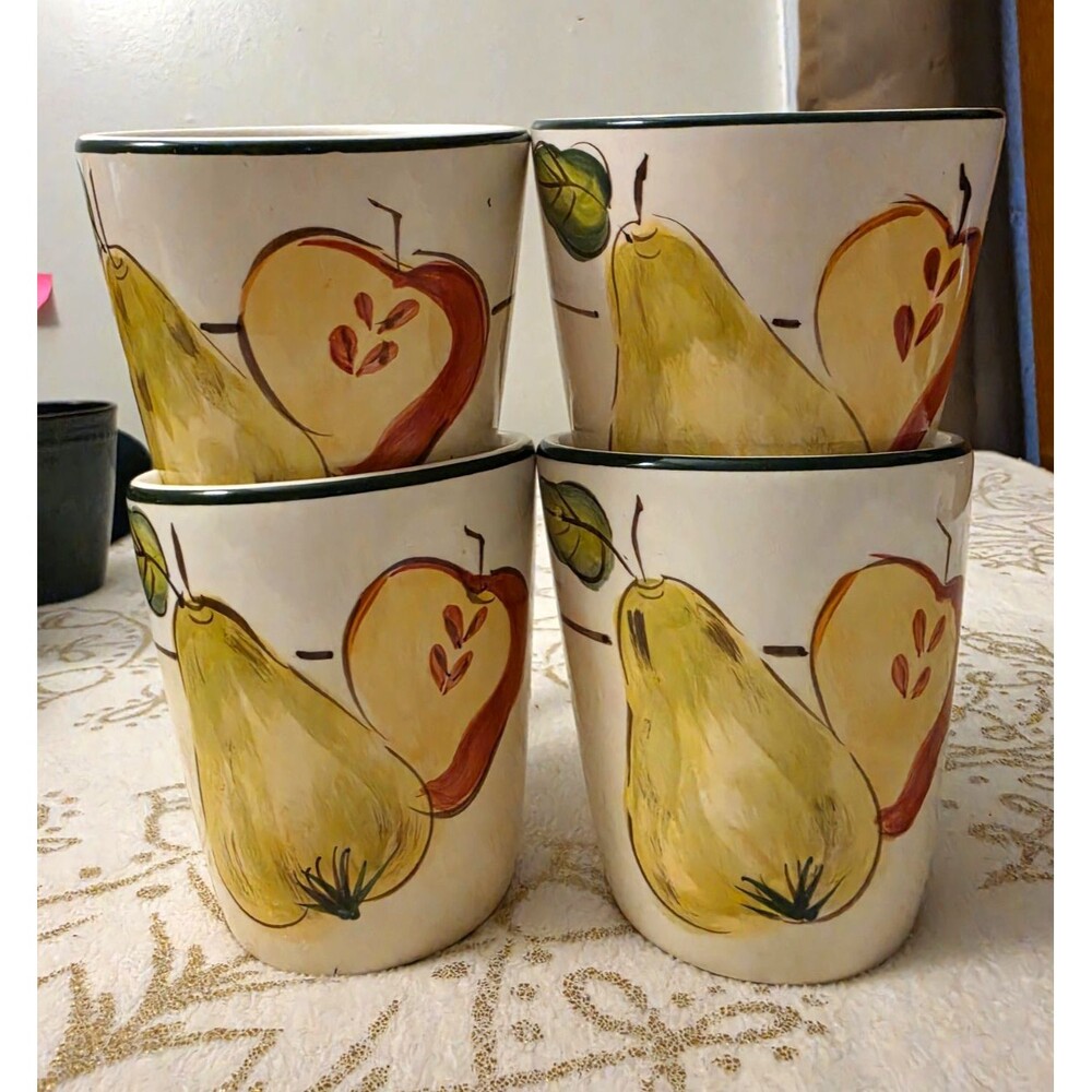 Set of 4 Paula Deen Harvest Fruit Handpainted Coffee Mugs Pear Apple Ceramic